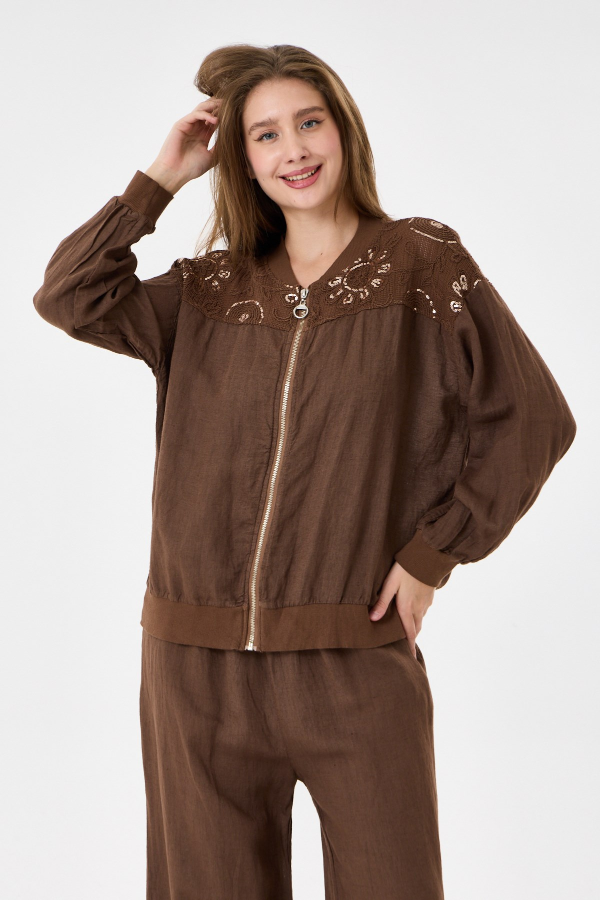 cioccolato İtalyan Ceketi Ve Pantolonu Pullu Keten Takım 2605XA46 - 11704-2437