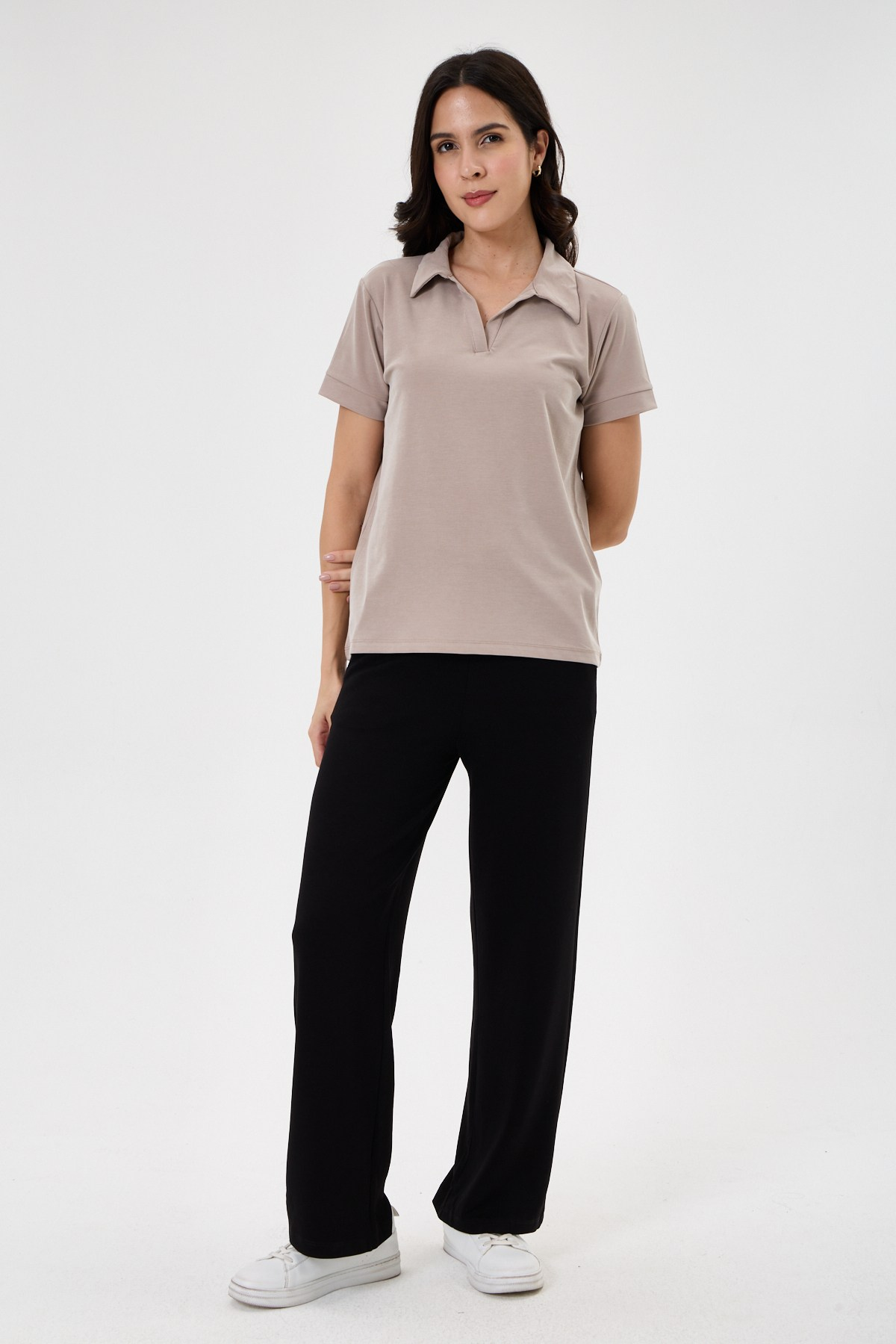 Kadın Regular Fit Polo Yaka Likralı Modal Tşört