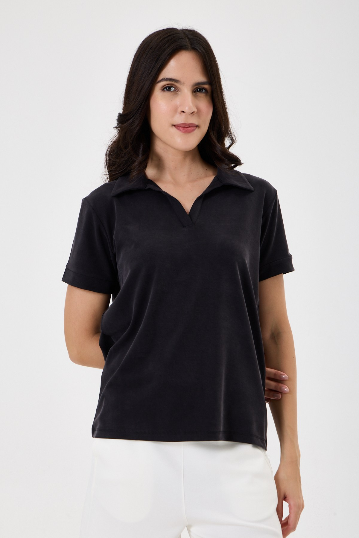 Kadın Regular Fit Polo Yaka Likralı Modal Tşört