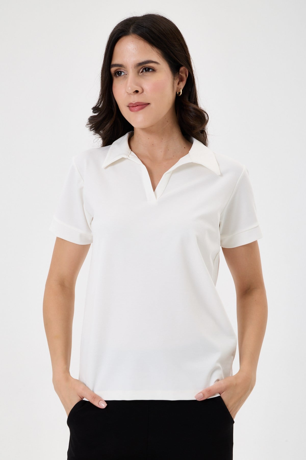 Kadın Regular Fit Polo Yaka Likralı Modal Tşört