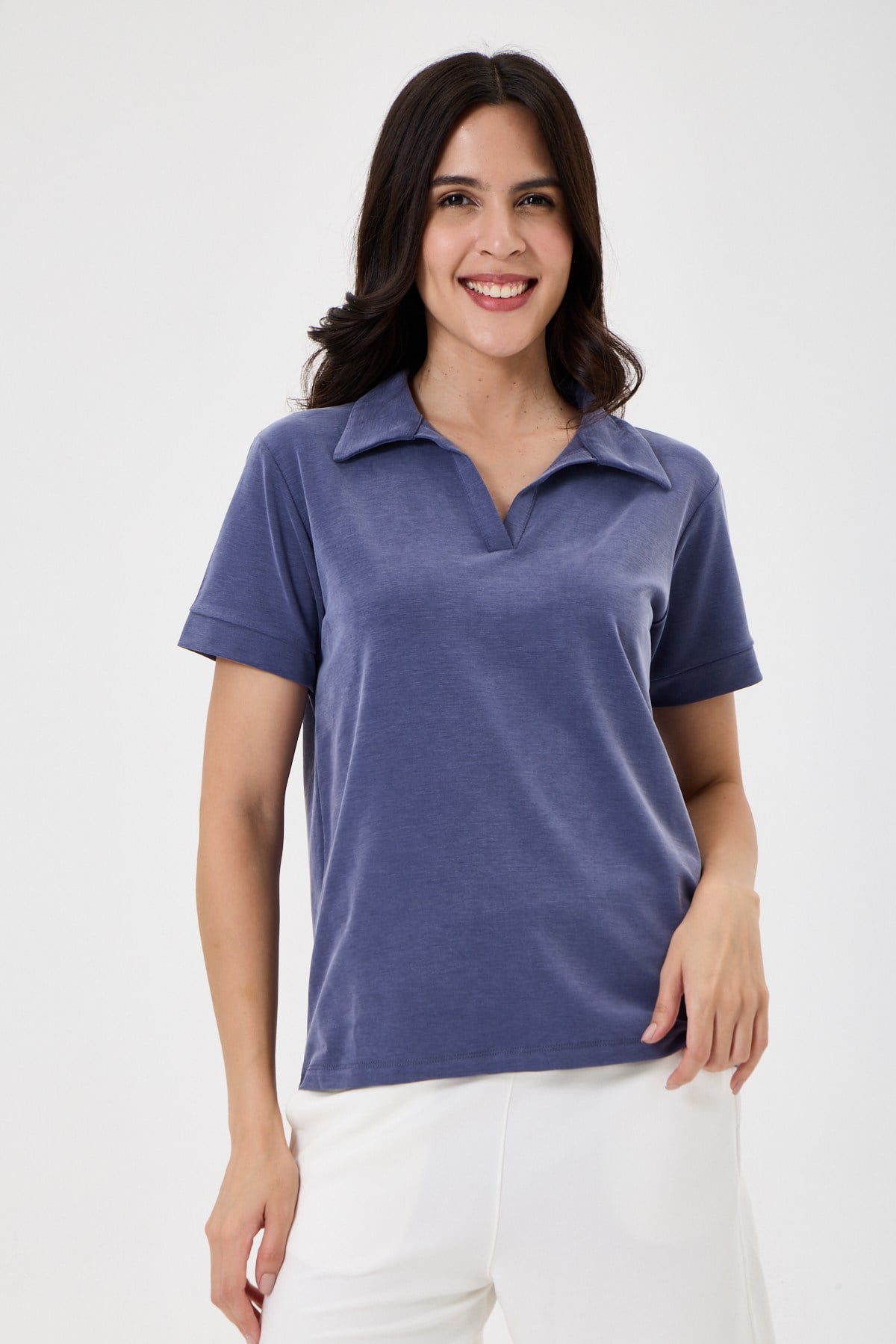 Kadın Regular Fit Polo Yaka Likralı Modal Tşört