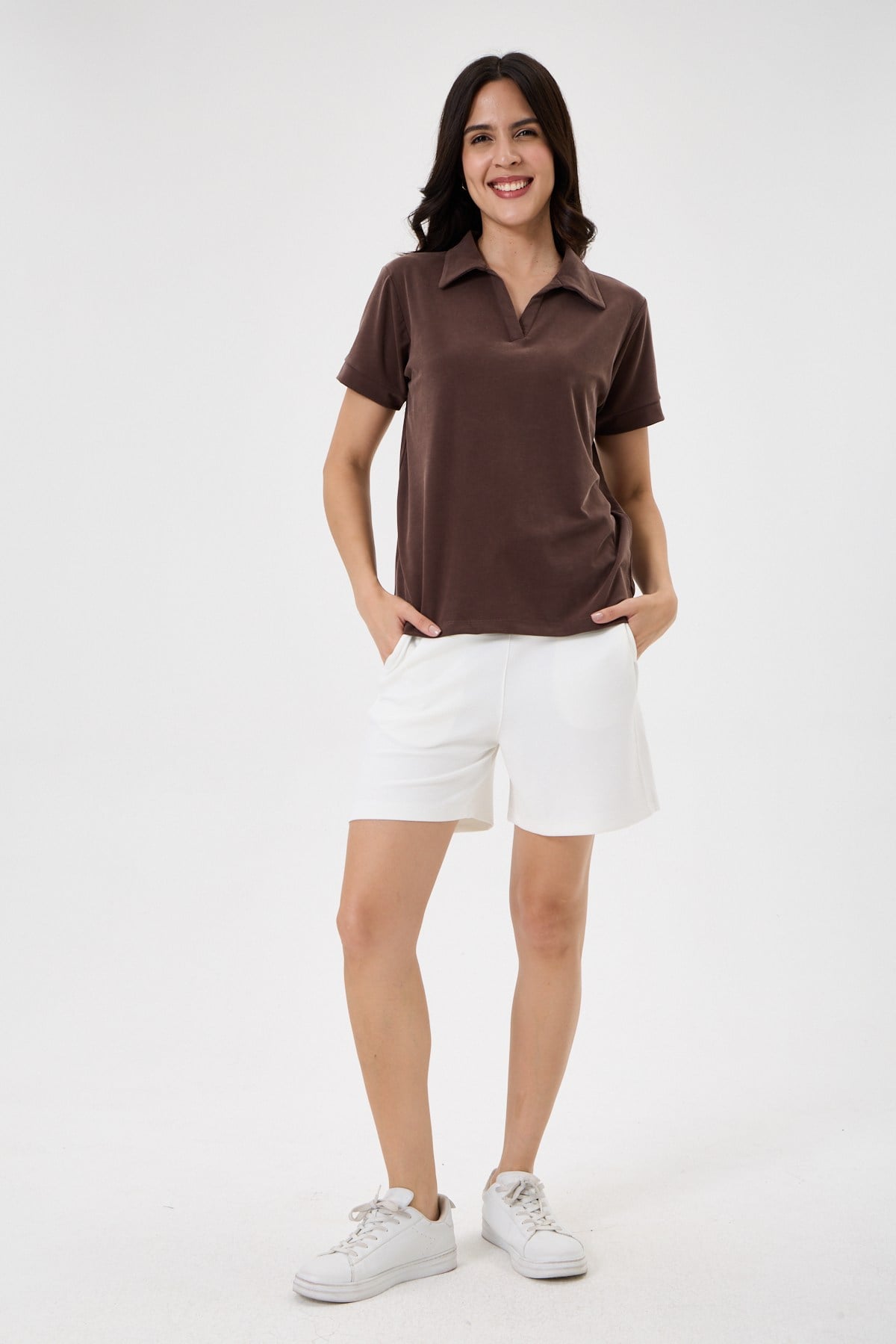 Kadın Regular Fit Polo Yaka Likralı Modal Tşört