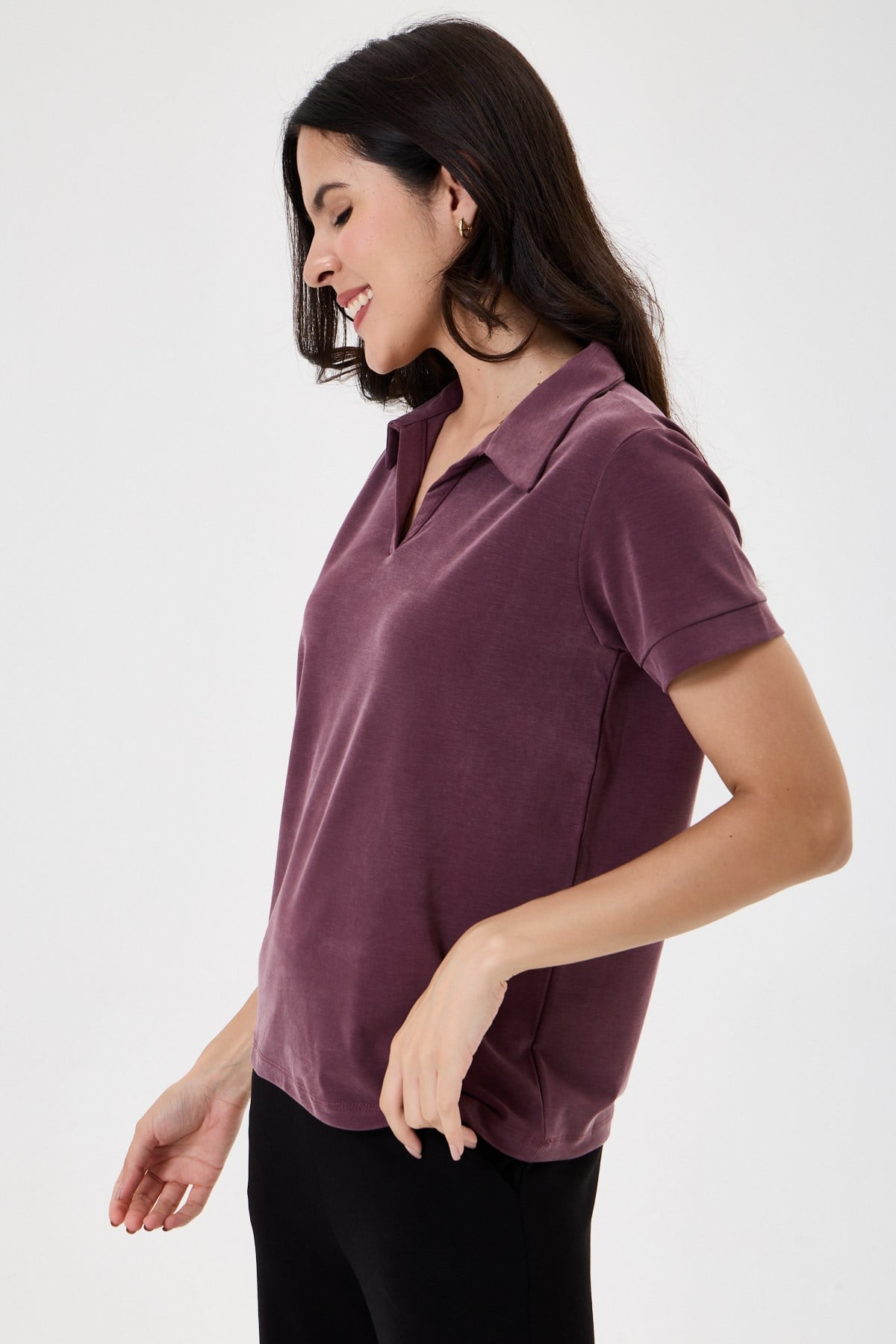 Kadın Regular Fit Polo Yaka Likralı Modal Tşört
