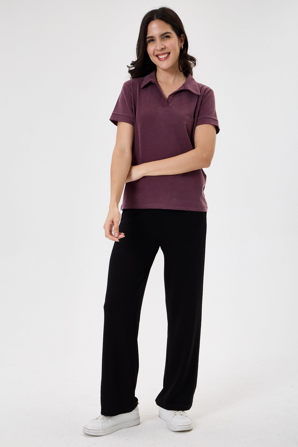 Kadın Regular Fit Polo Yaka Likralı Modal Tşört