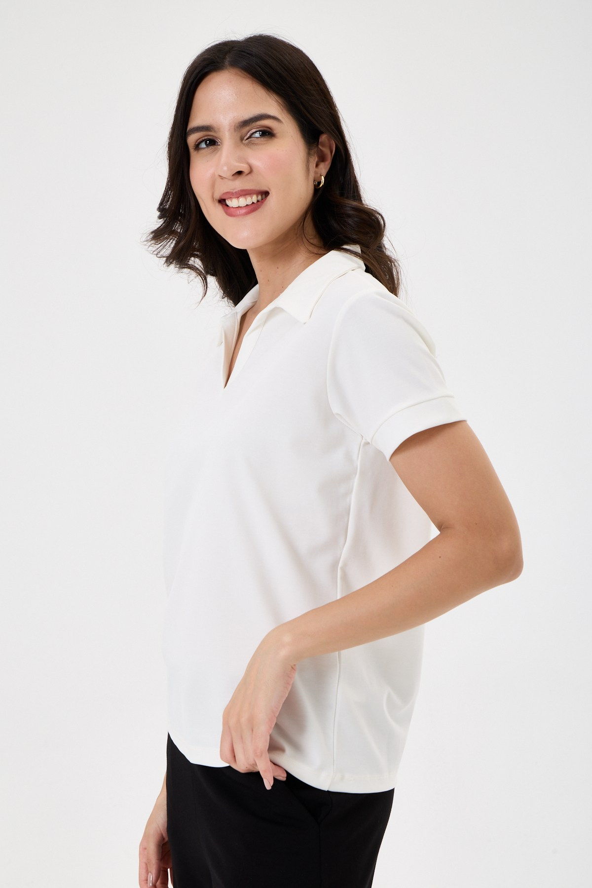Kadın Regular Fit Polo Yaka Likralı Modal Tşört