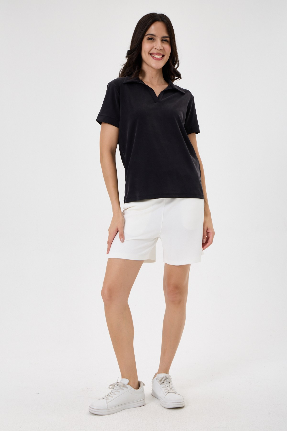 Kadın Regular Fit Polo Yaka Likralı Modal Tşört