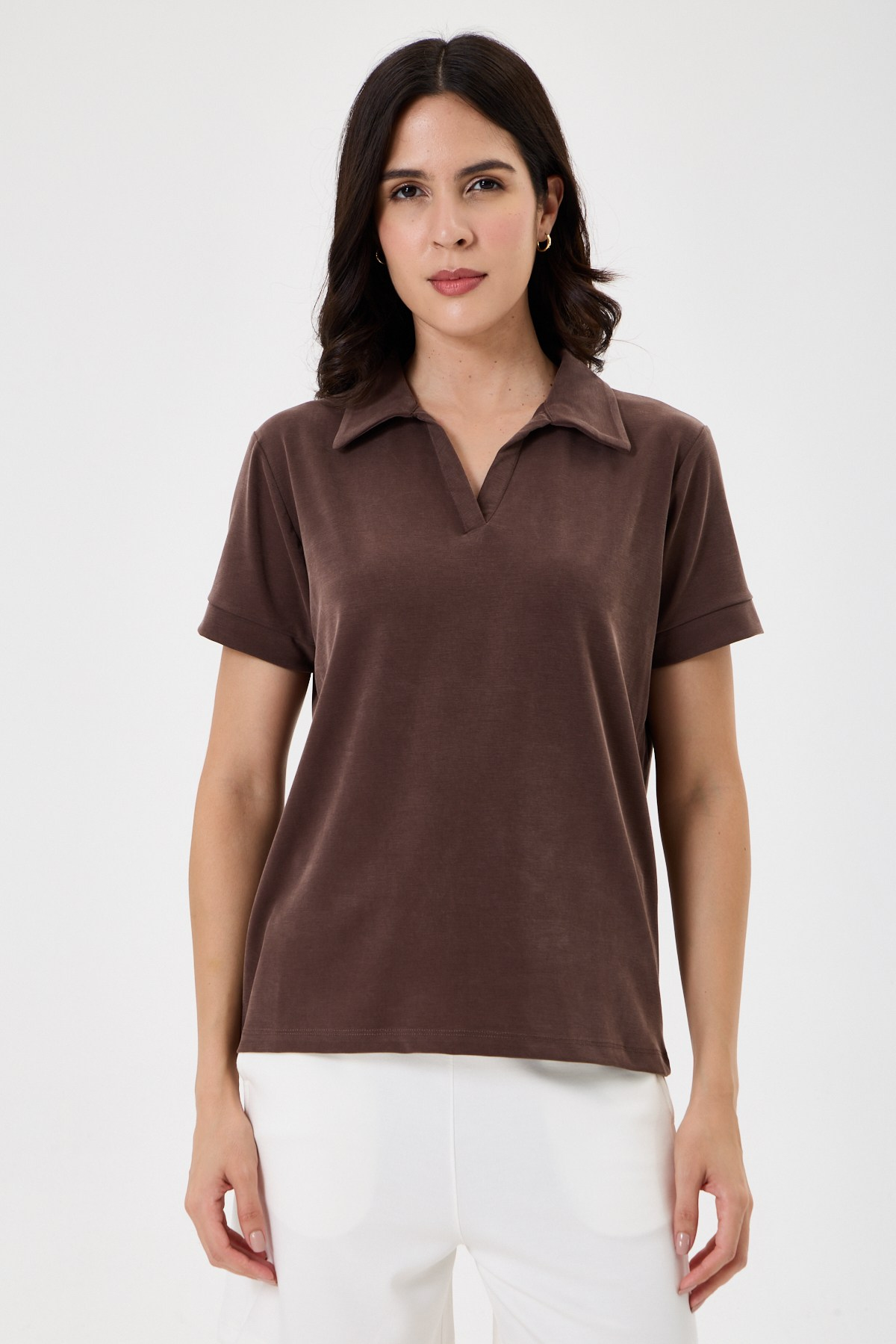 Kadın Regular Fit Polo Yaka Likralı Modal Tşört