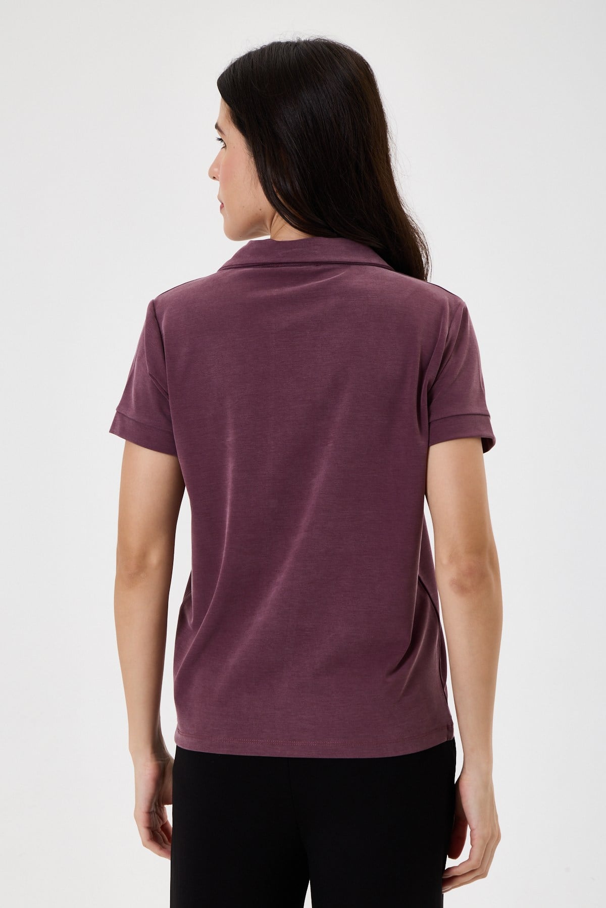 Kadın Regular Fit Polo Yaka Likralı Modal Tşört