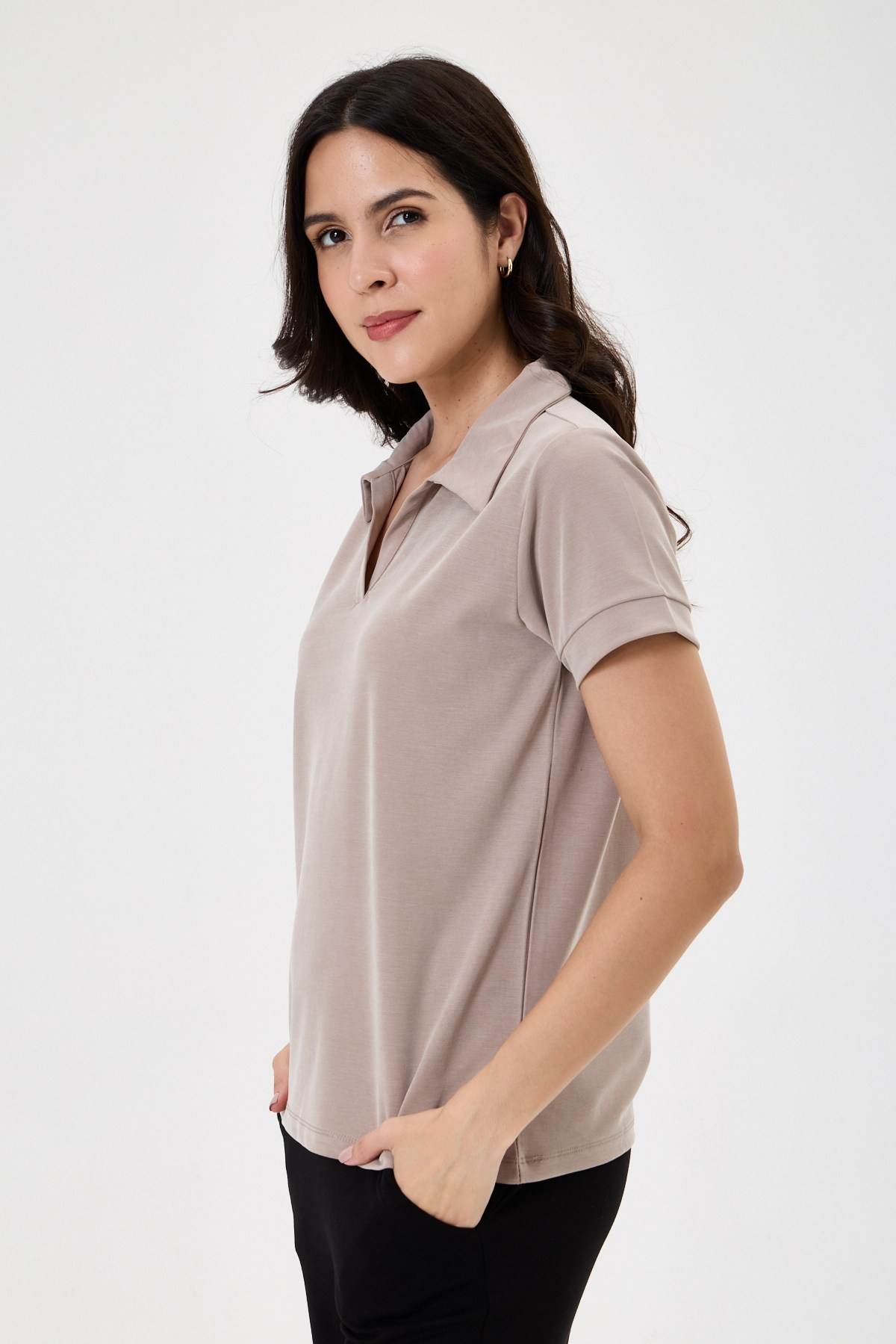 Kadın Regular Fit Polo Yaka Likralı Modal Tşört