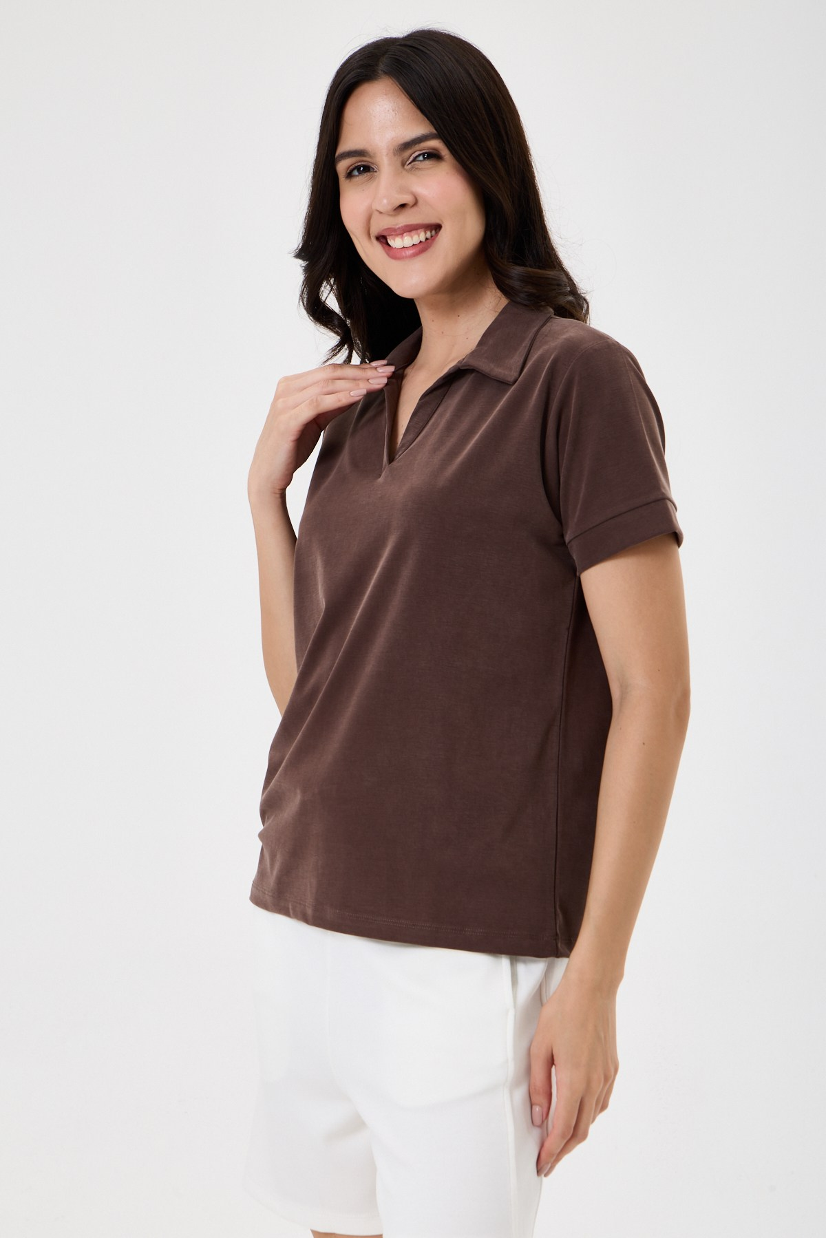 Kadın Regular Fit Polo Yaka Likralı Modal Tşört