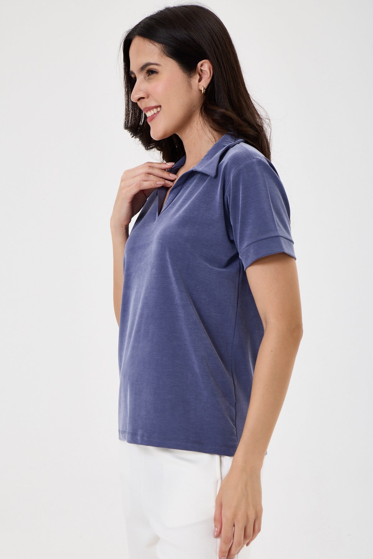 Kadın Regular Fit Polo Yaka Likralı Modal Tşört