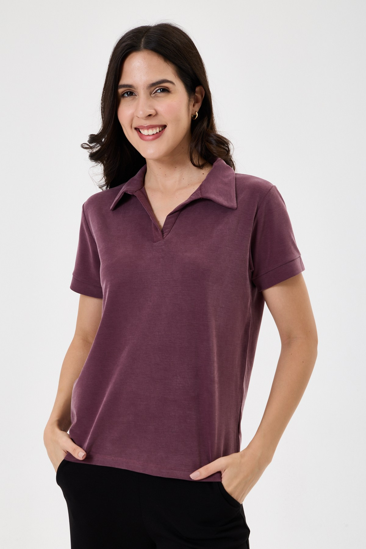 Kadın Regular Fit Polo Yaka Likralı Modal Tşört