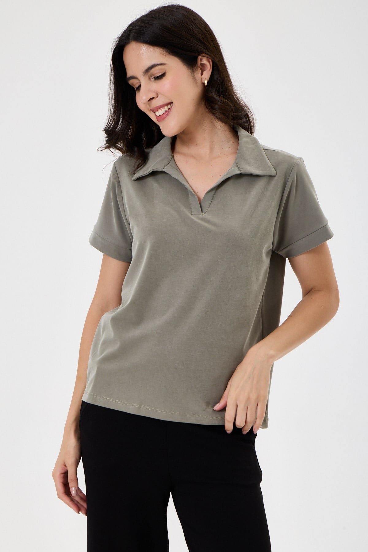 Kadın Regular Fit Polo Yaka Likralı Modal Tşört