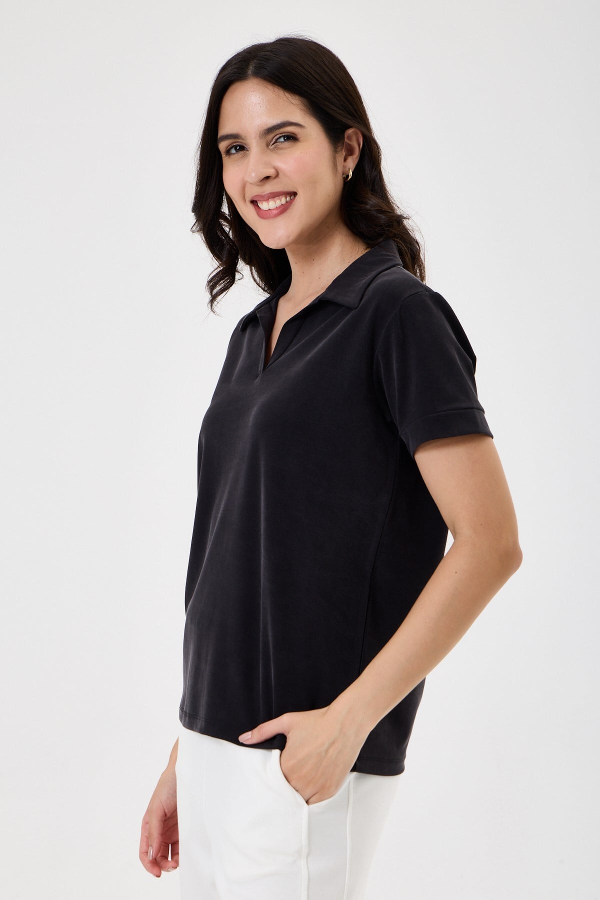 Kadın Regular Fit Polo Yaka Likralı Modal Tşört