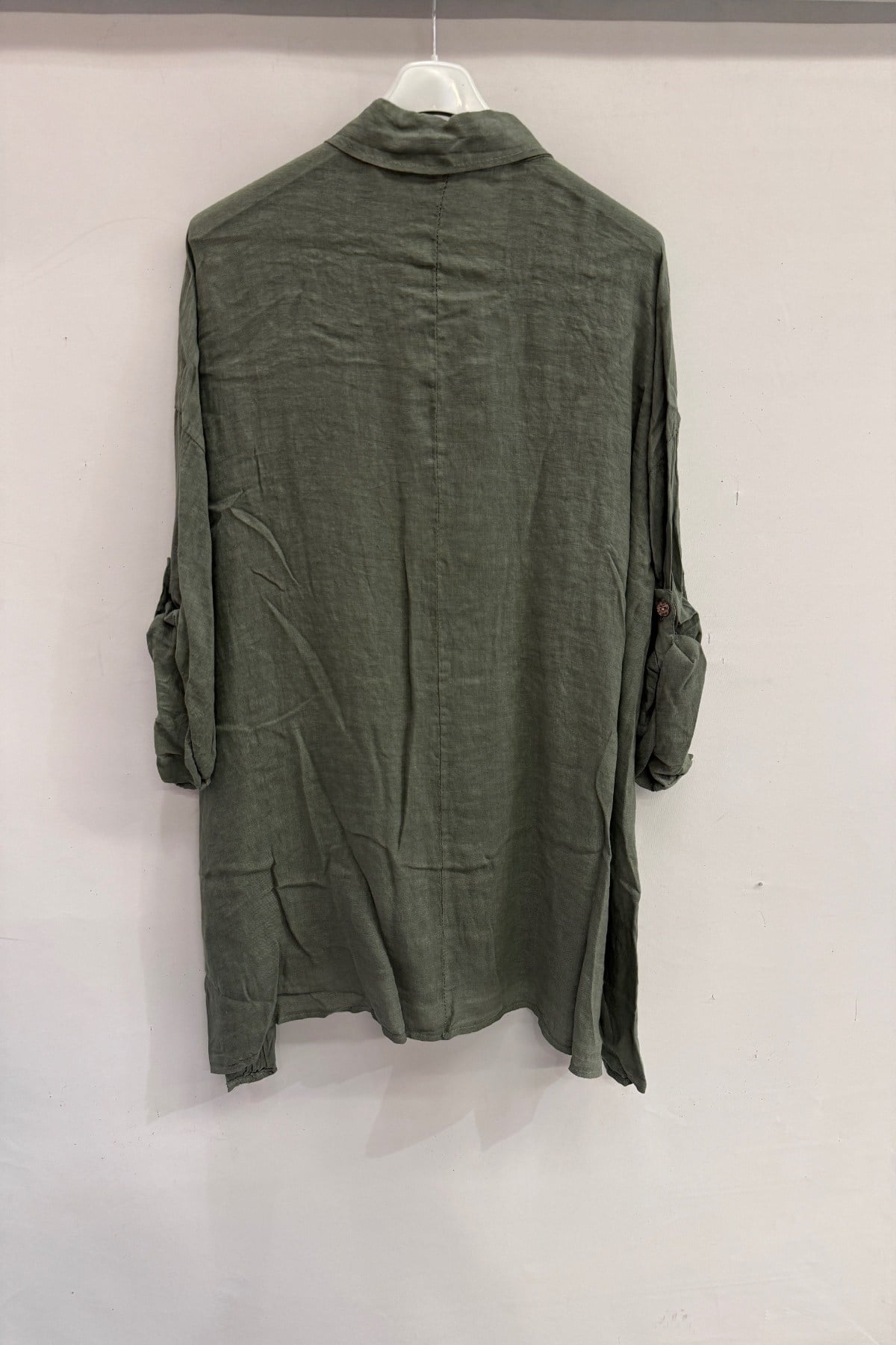 Haki Kadın İtalyan Düşük Kol Geniş Kalıp Gömlek Yaka Oversize Keten Tunik 44 - 54 Beden