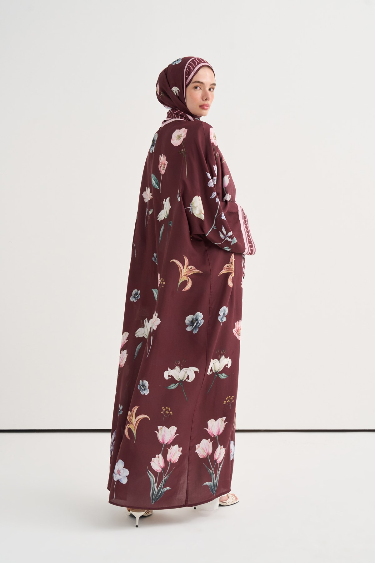 Dream Çiçekli Floş Abaya Bordo