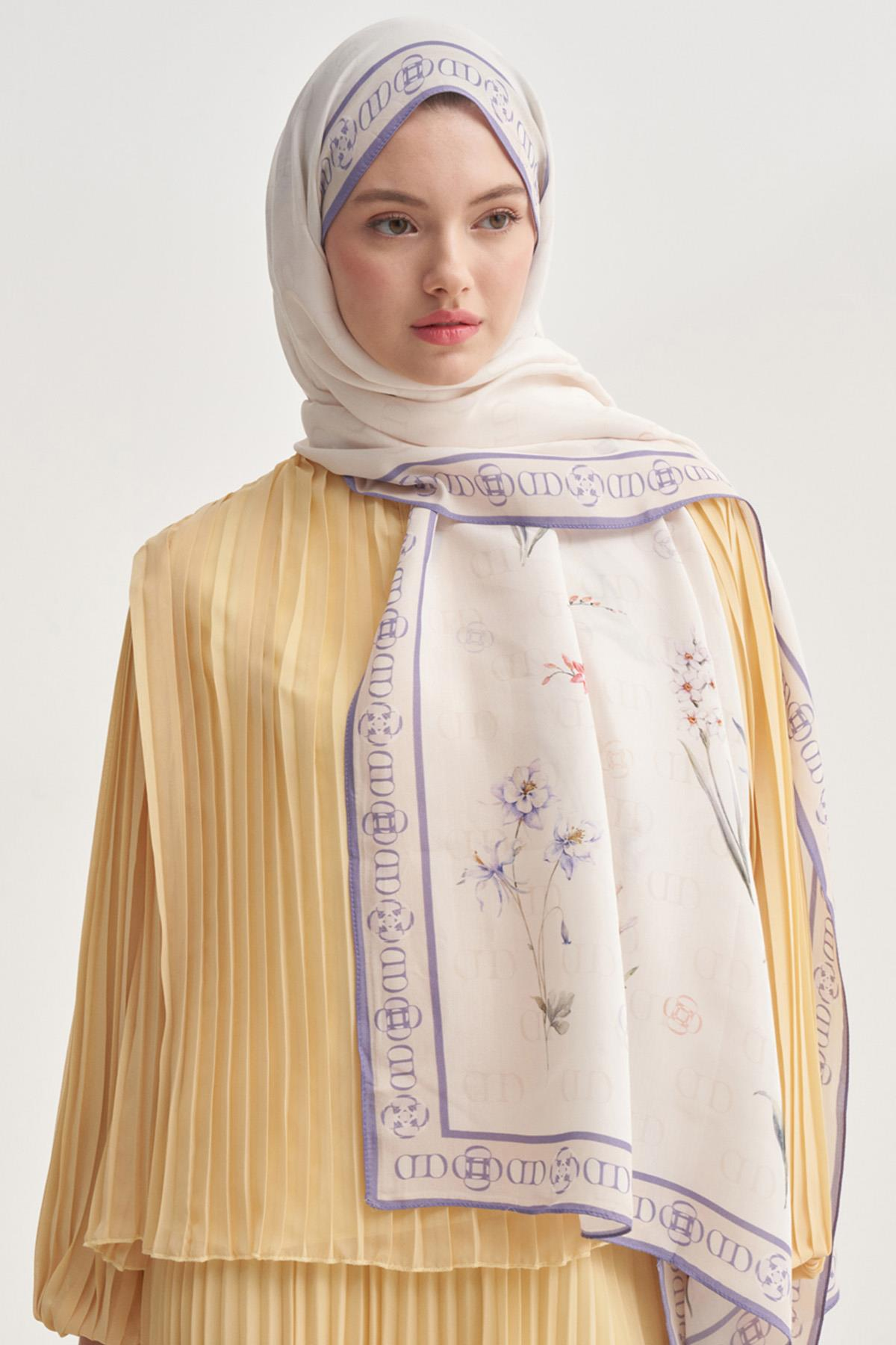 Palmara Ekru Monogram Floş Şal