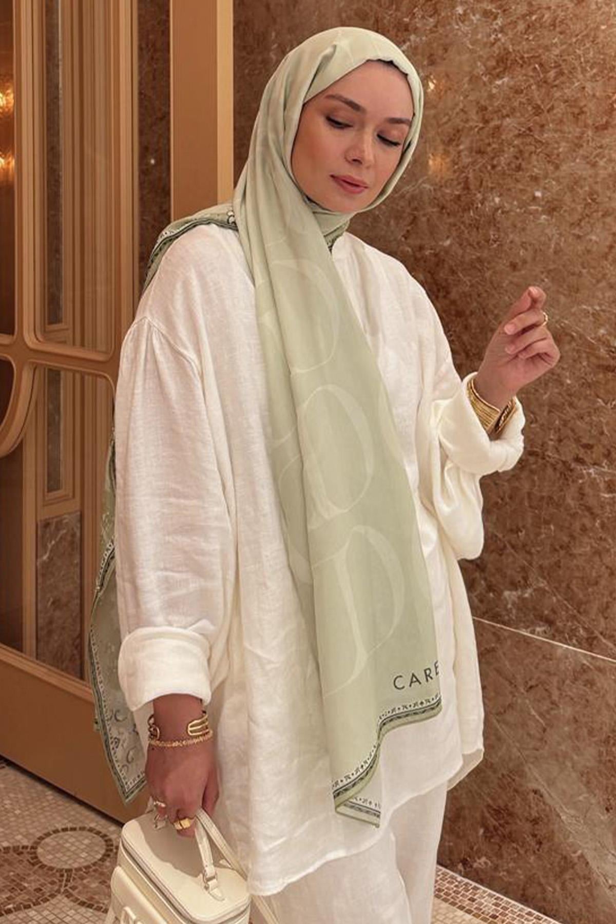 Şühedanın Tercihi Luxe Monogram Floş Şal Soft Yeşil