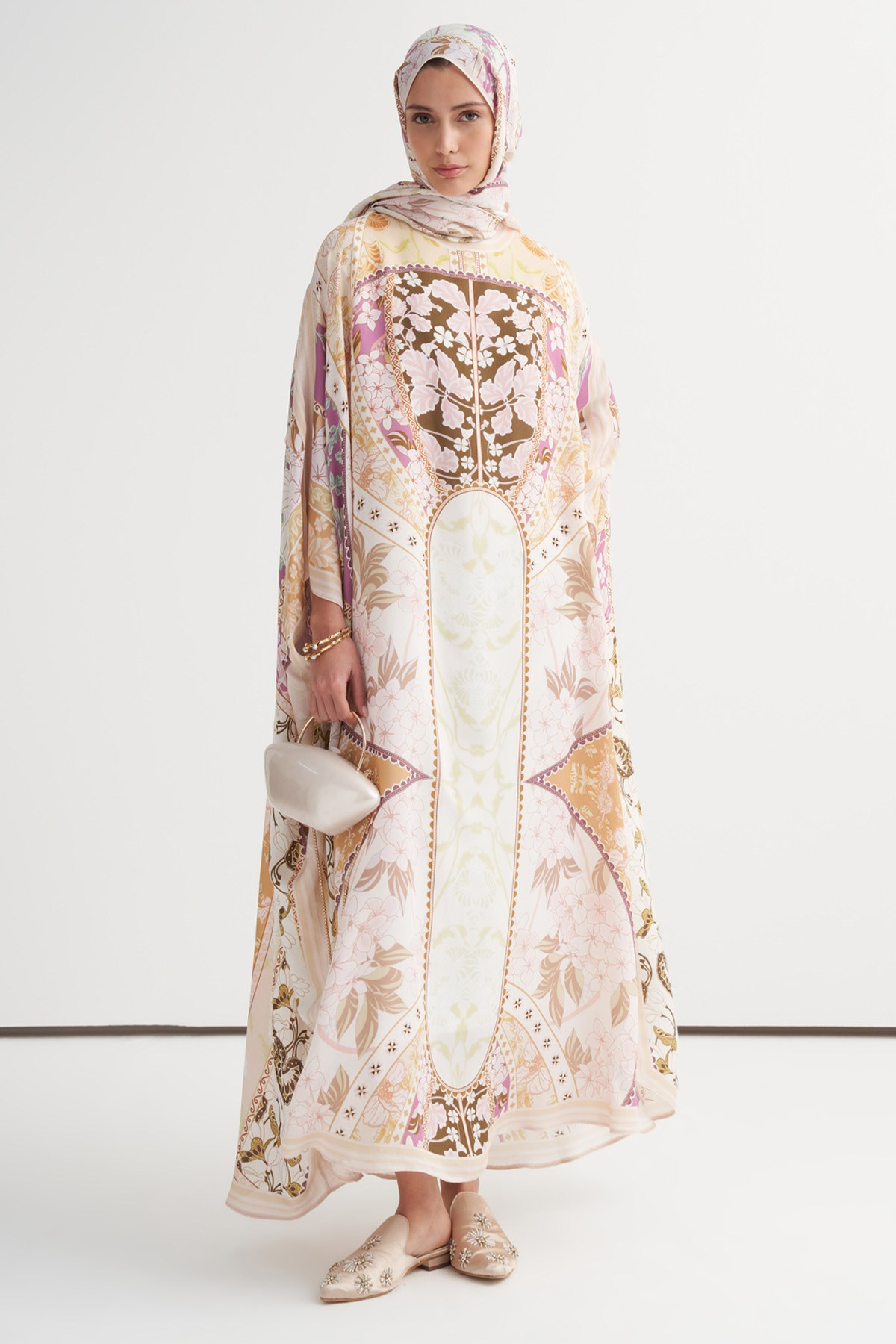 Patchwork Floş Kaftan Bej