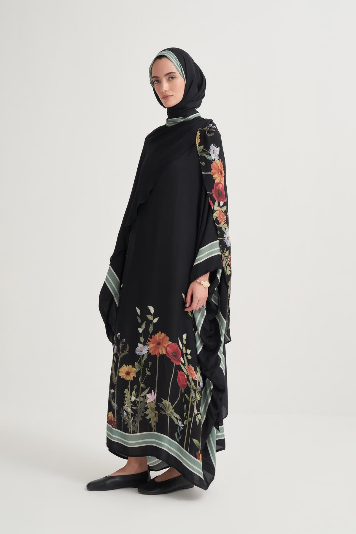 Mirya İncira Şal Yaka Kaftan Siyah