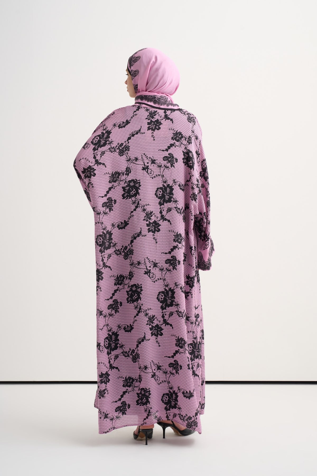 Floral Floş Abaya Pembe