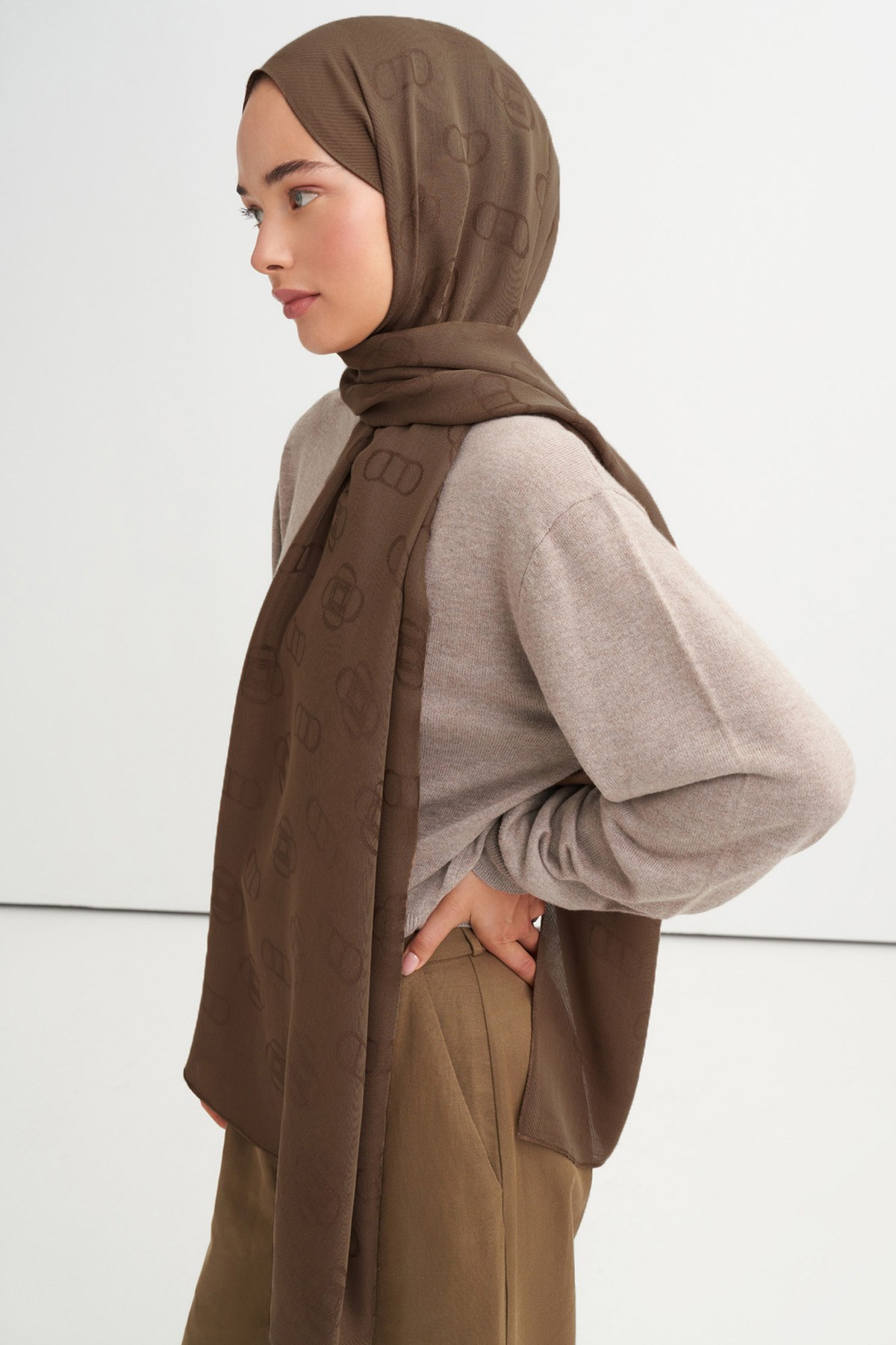Monogram Desen Tensel Yün Viskon Şal Mocha