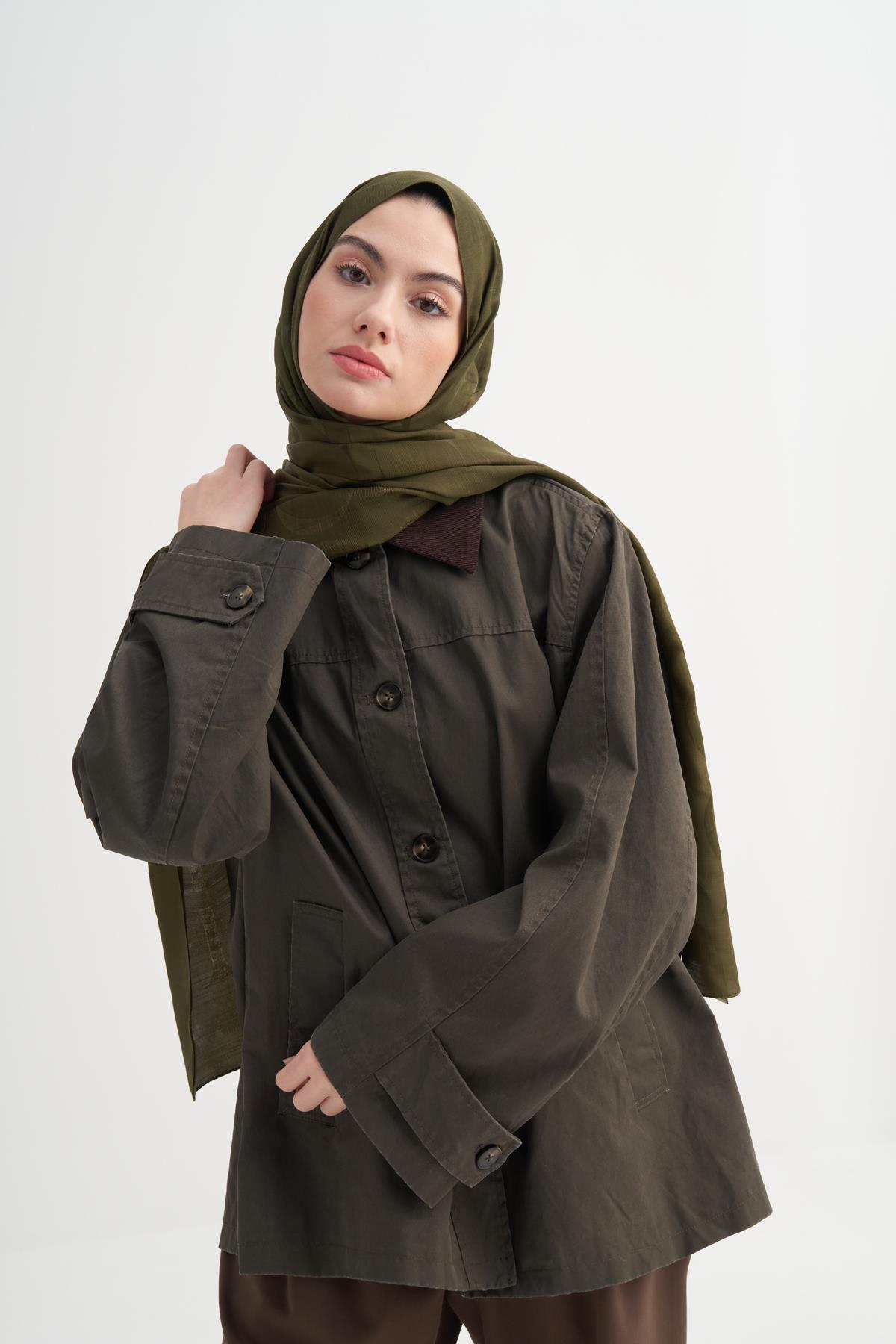 Monogram Desen Rina Floş Jakar Şal Haki
