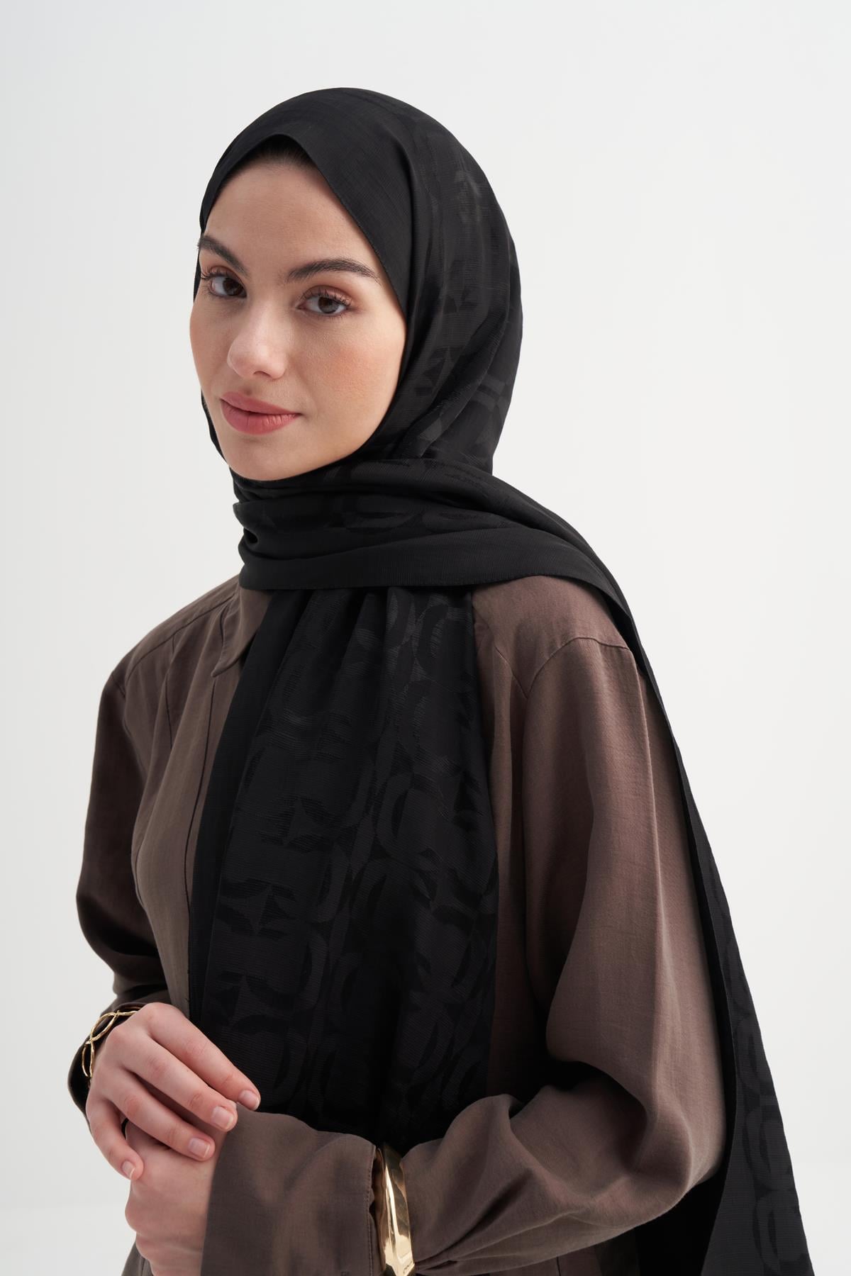 Blok Desen Rina Floş Jakar Şal Siyah