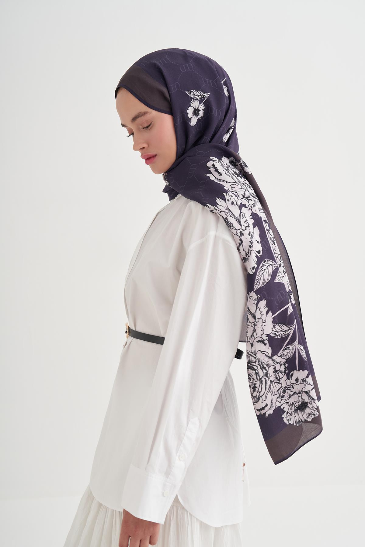 Floriva Monogram Floş Şal Morcivert