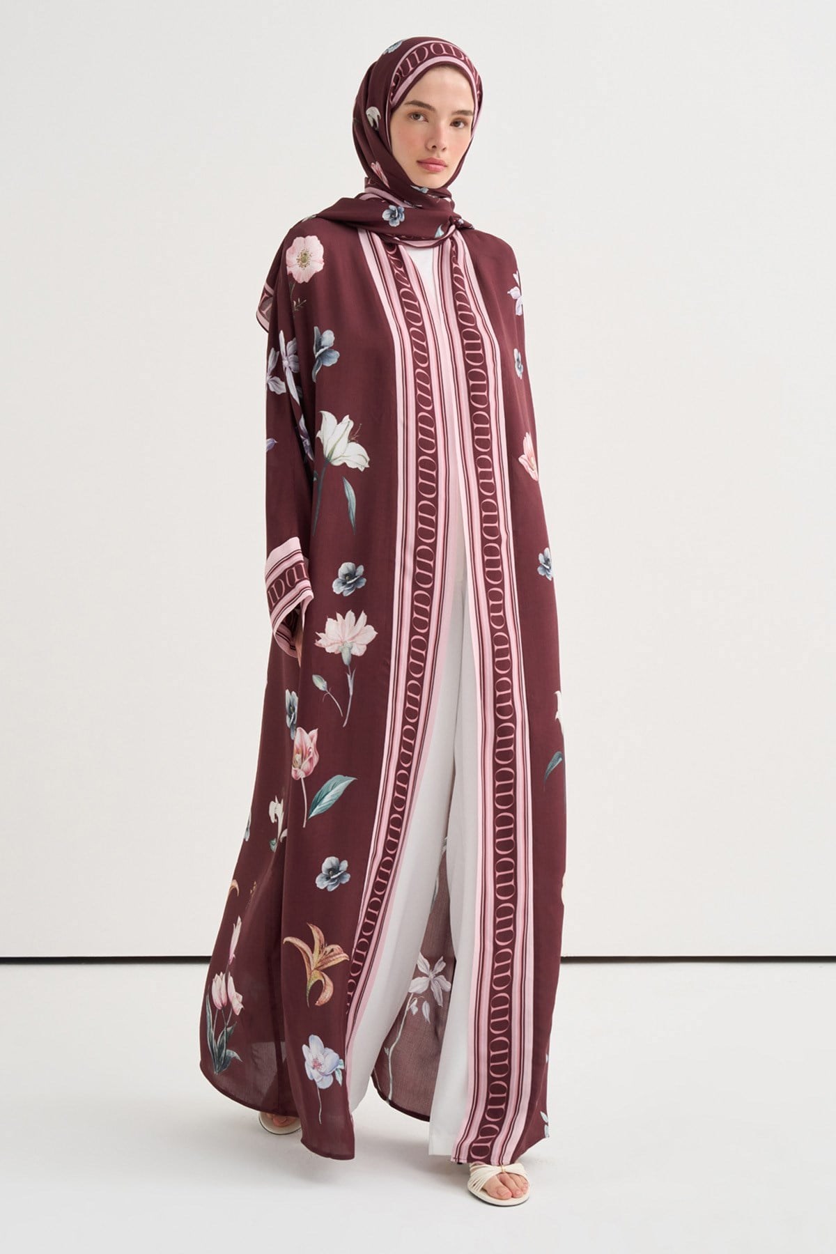 Dream Çiçekli Floş Abaya Bordo