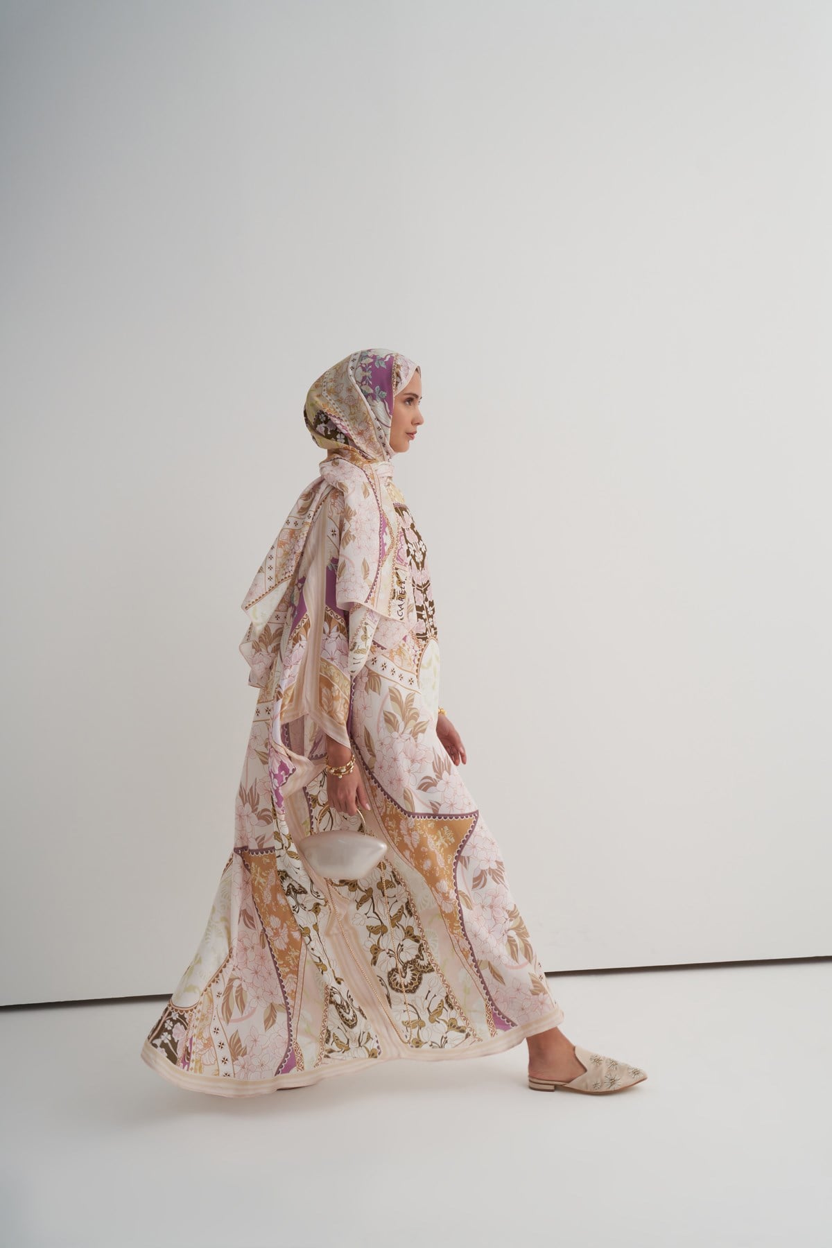 Patchwork Floş Kaftan Bej
