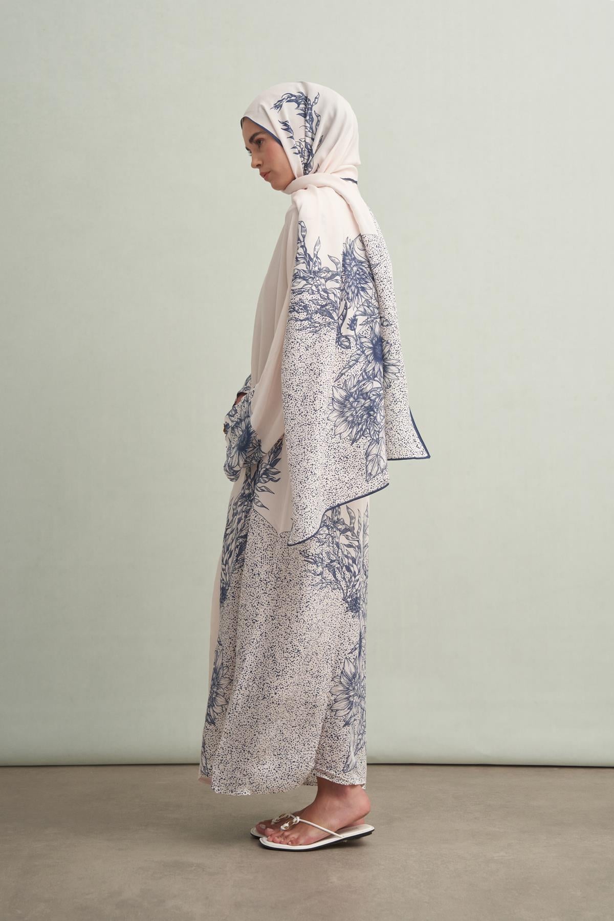 Navy Floş Abaya Krem