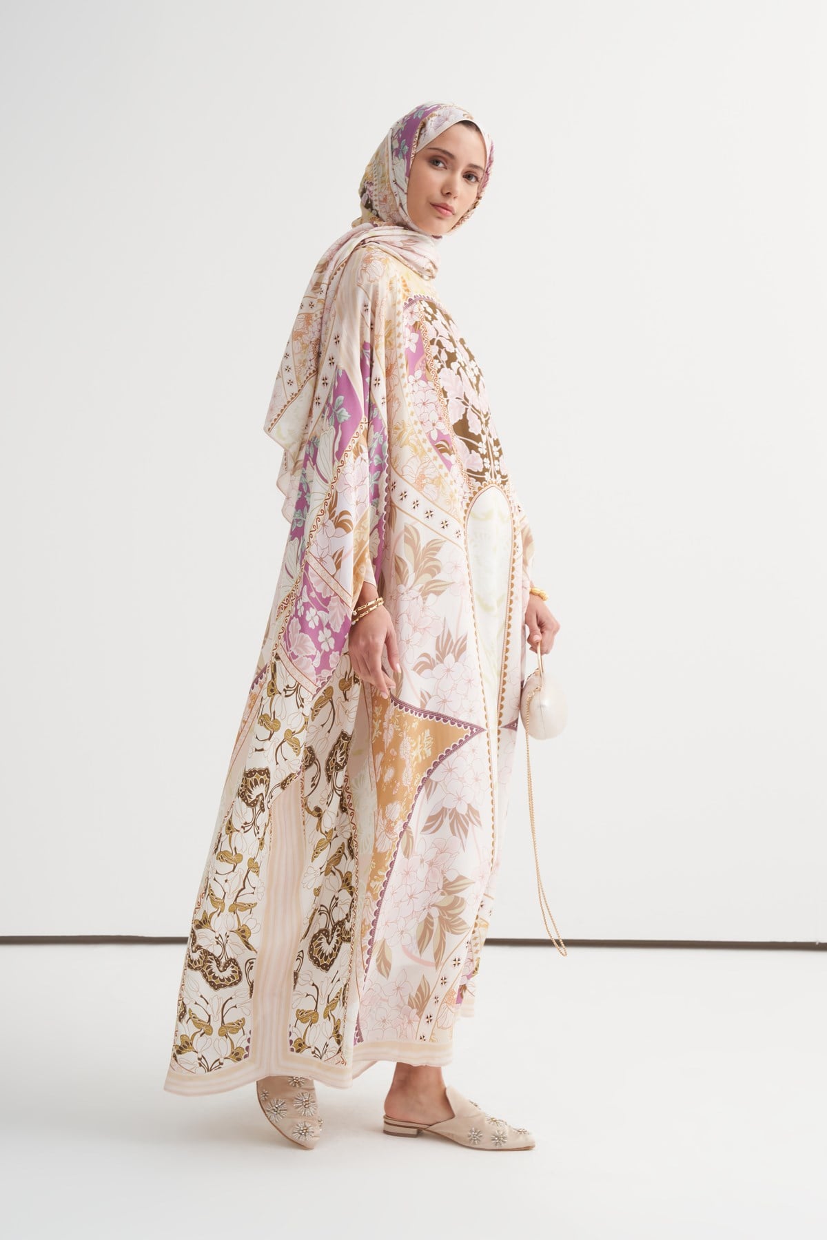 Patchwork Floş Kaftan Bej