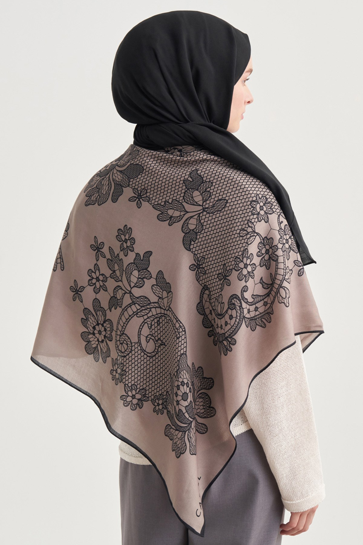 Lace Desen Norena Yünlü Omuz Şalı Vizon