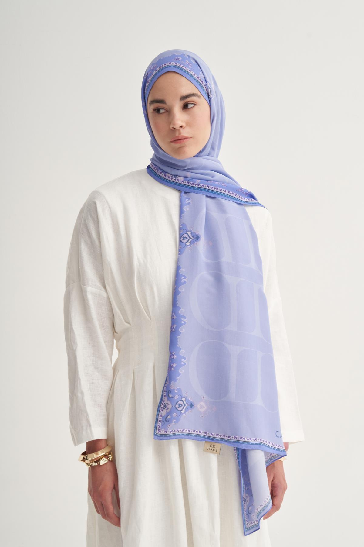 Luxe Çiçekli Monogram Floş Şal Lila