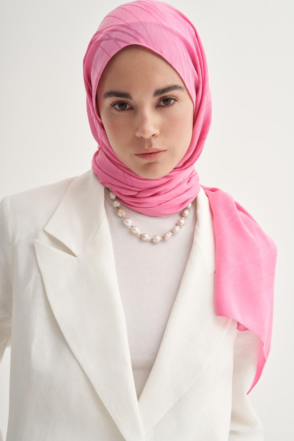Simetrik Jakar İtalyan  İpekli Şal Koyu Pembe