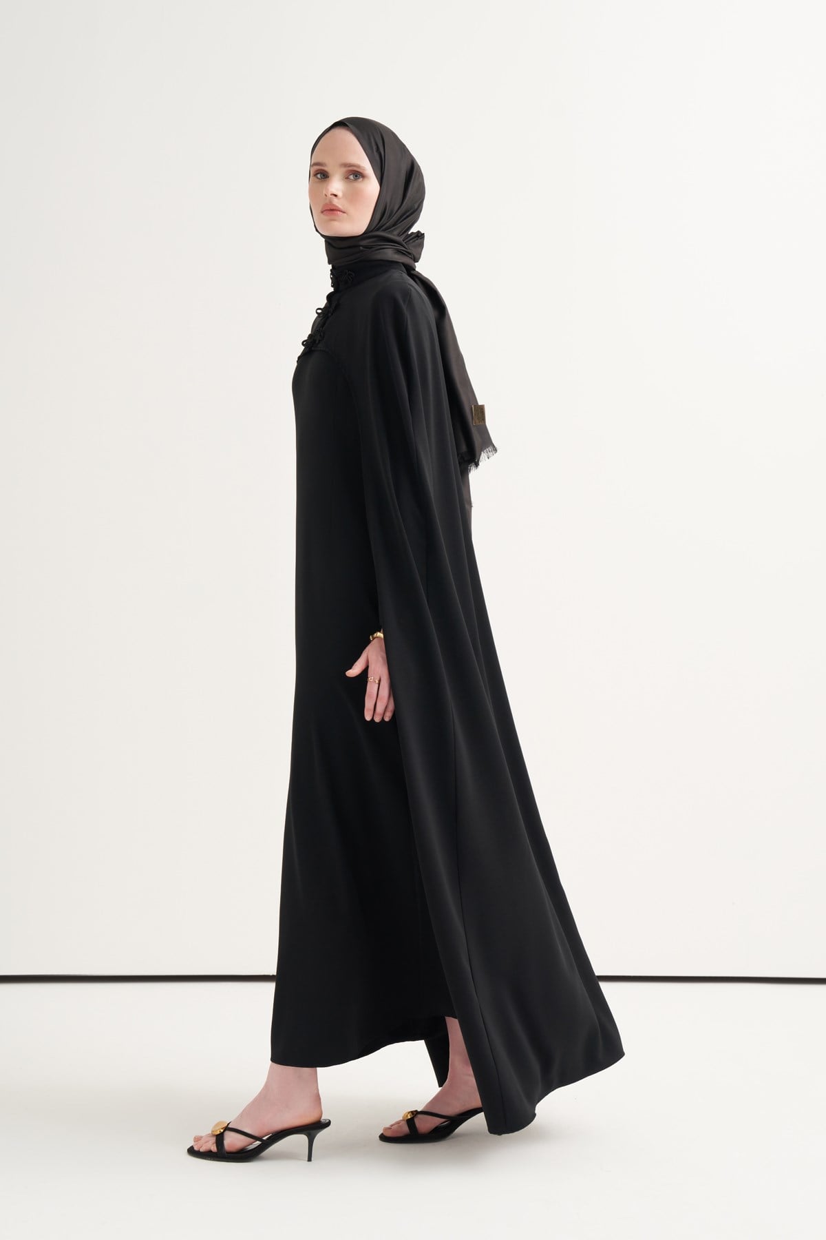 Çin Düğmeli Kaftan Elbise Siyah