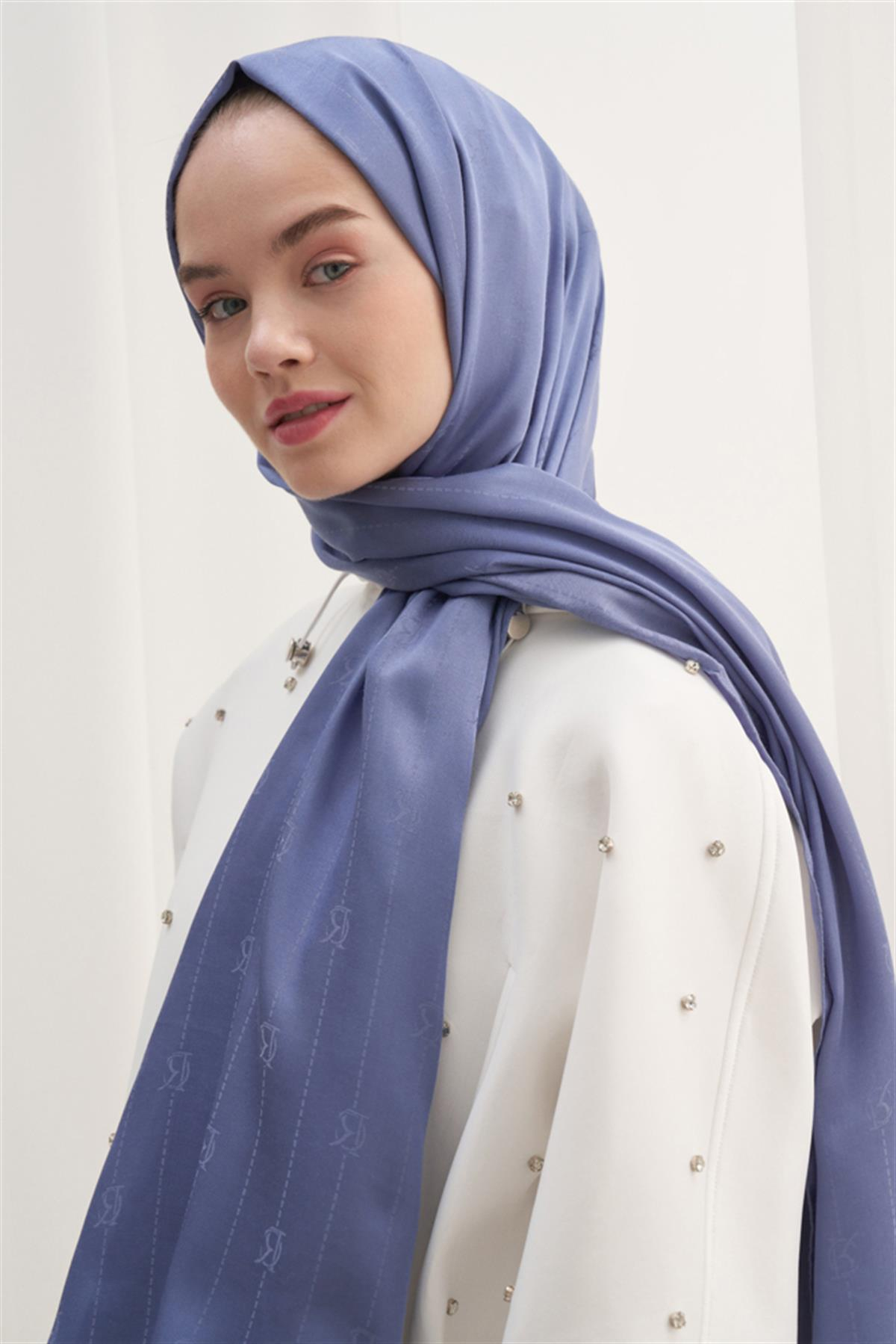 Monogram Jakar İtalyan İpekli Şal Kot Mavi