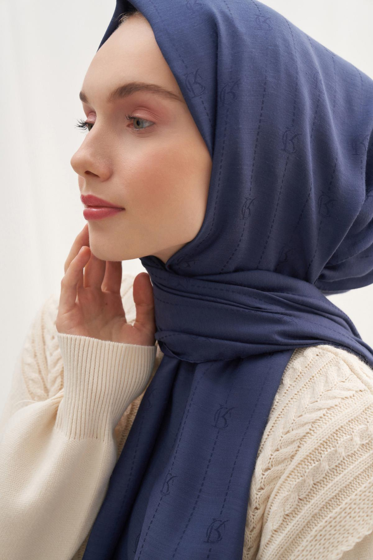 Monogram Jakar İtalyan İpekli Şal Lacivert
