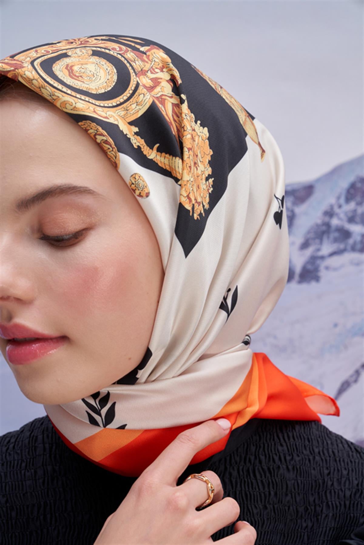 Twill Eşarp İtaly Desen Turuncu