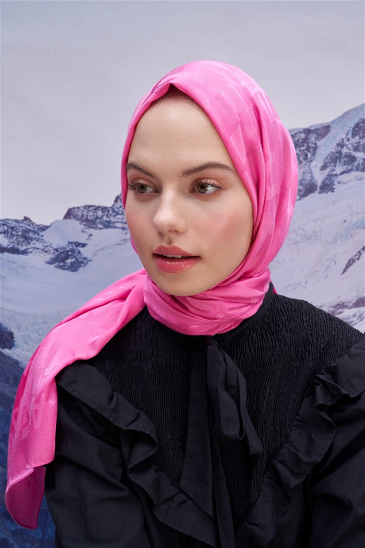 Yazı Desen Jakar İtalyan İpekli Şal Koyu Pembe