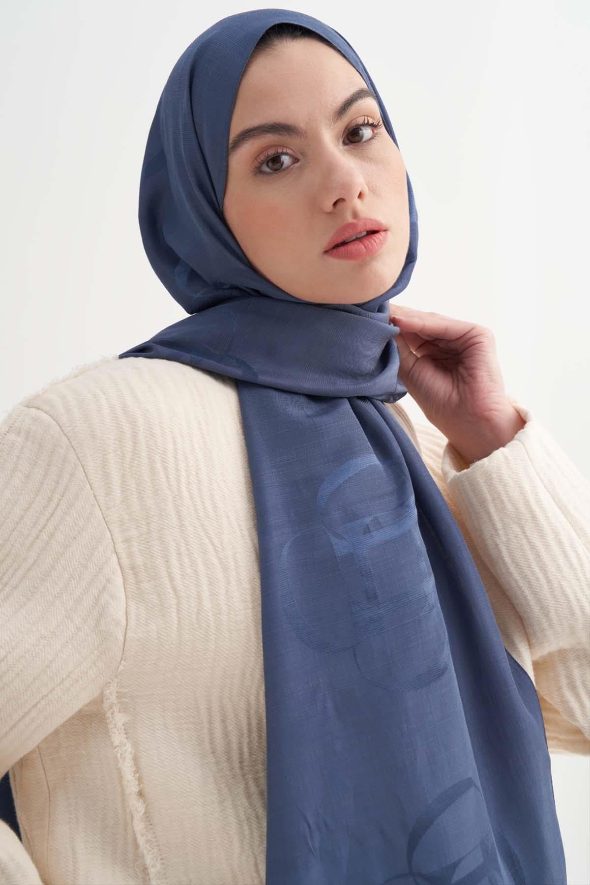 Aura Desen Rina Floş Jakar Şal Kot Mavi