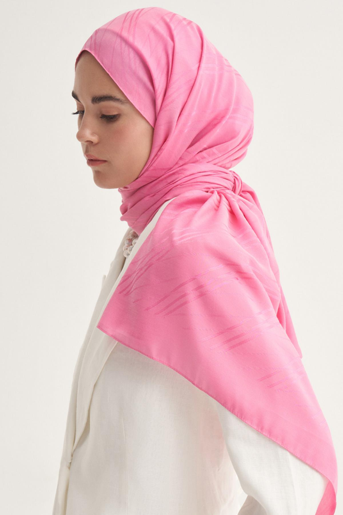 Simetrik Jakar İtalyan  İpekli Şal Koyu Pembe