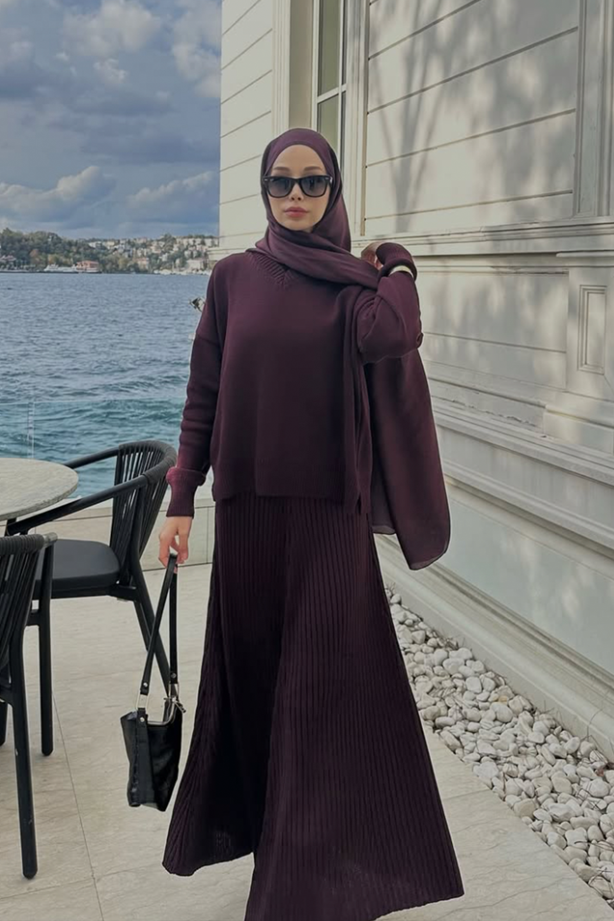 Şuranur Bilgin'in Tercihi Fitilli Triko Etekli Takım Mürdüm