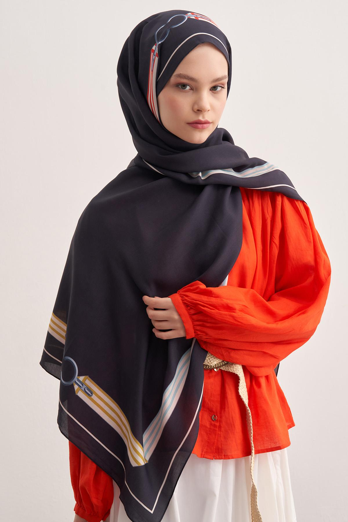 Mono Lacivert Monogram Floş Şal