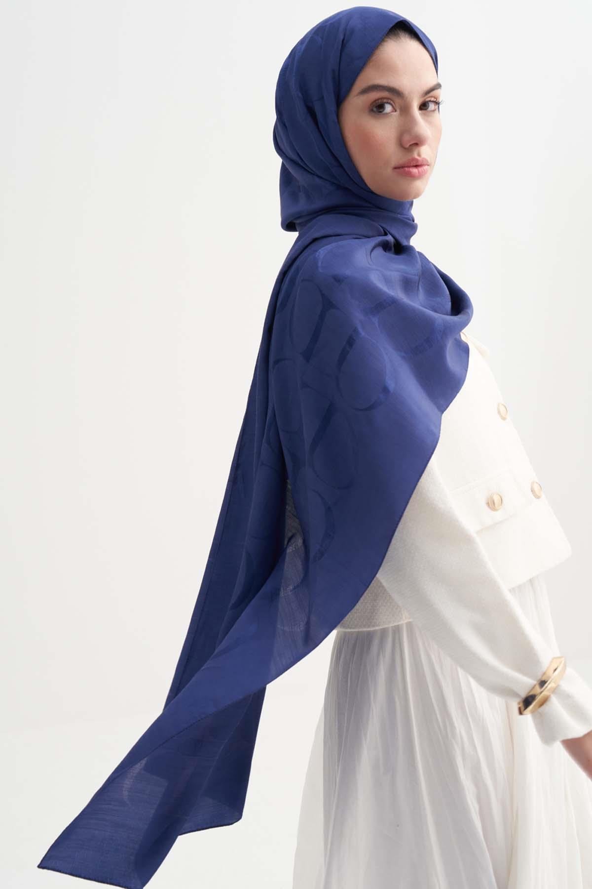 Monogram Desen Rina Floş Jakar Şal Lacivert