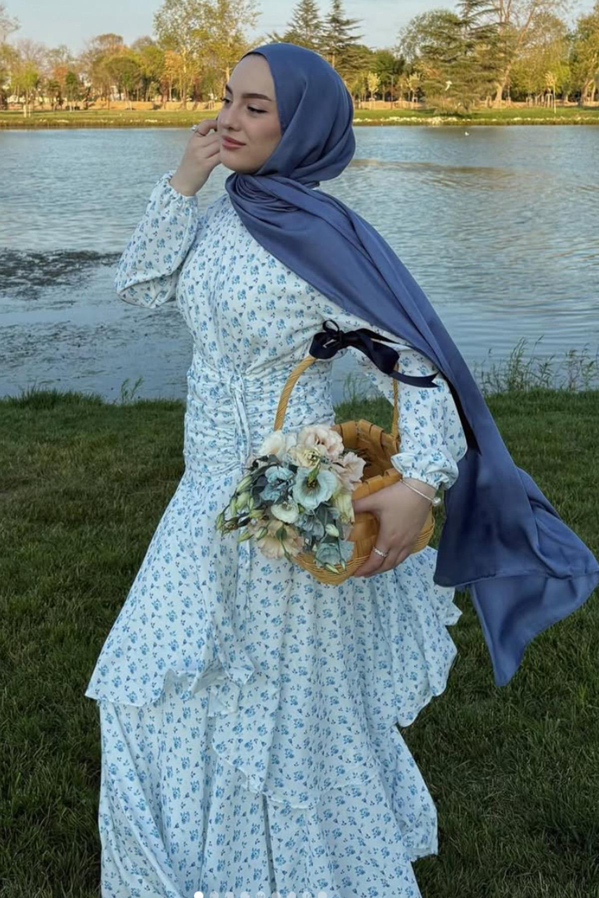 Şevval'in Tercihi Şantuk Çift Taraflı  İpekli Şal Kot Mavi