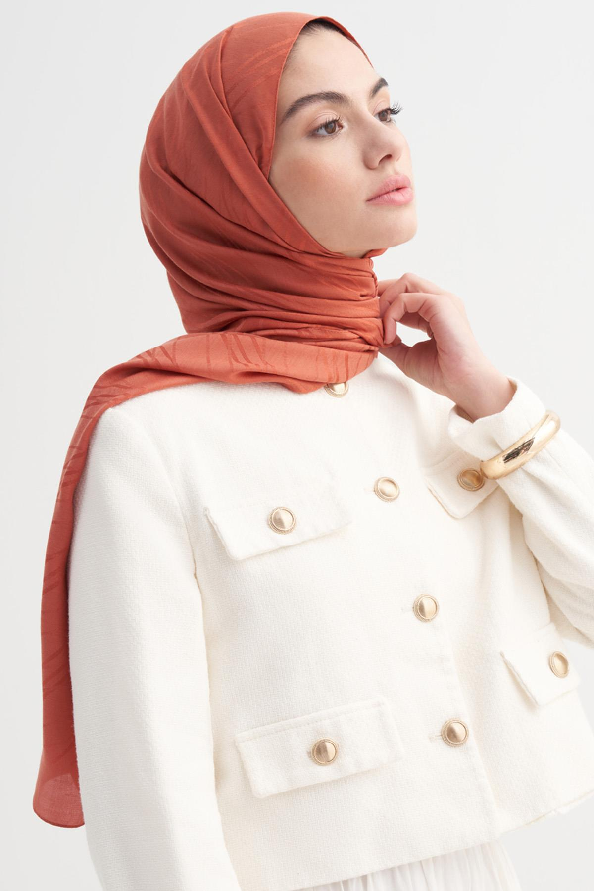 Simetrik Jakar  İtalyan İpekli Şal Kiremit