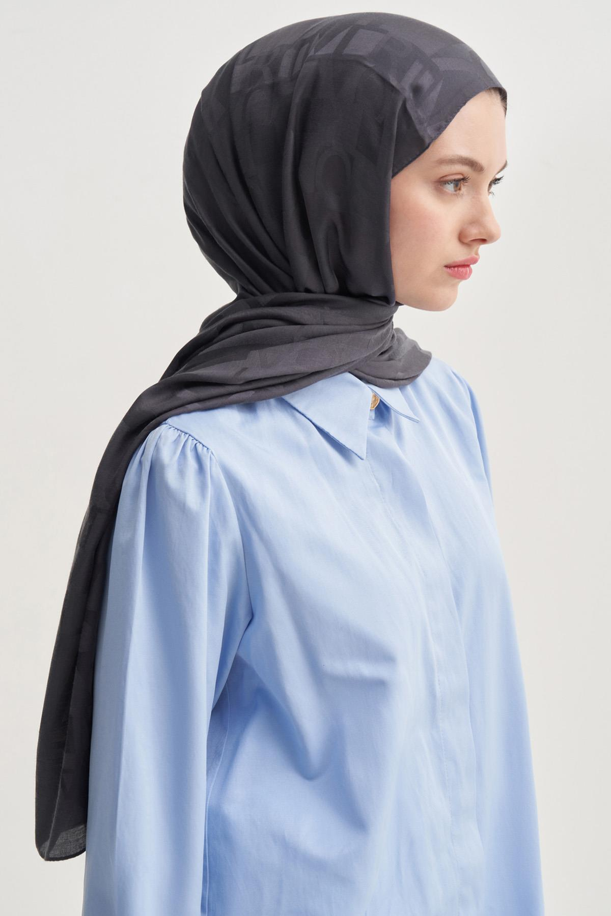 Yazı Desen Jakar İtalyan İpekli Şal Antrasit