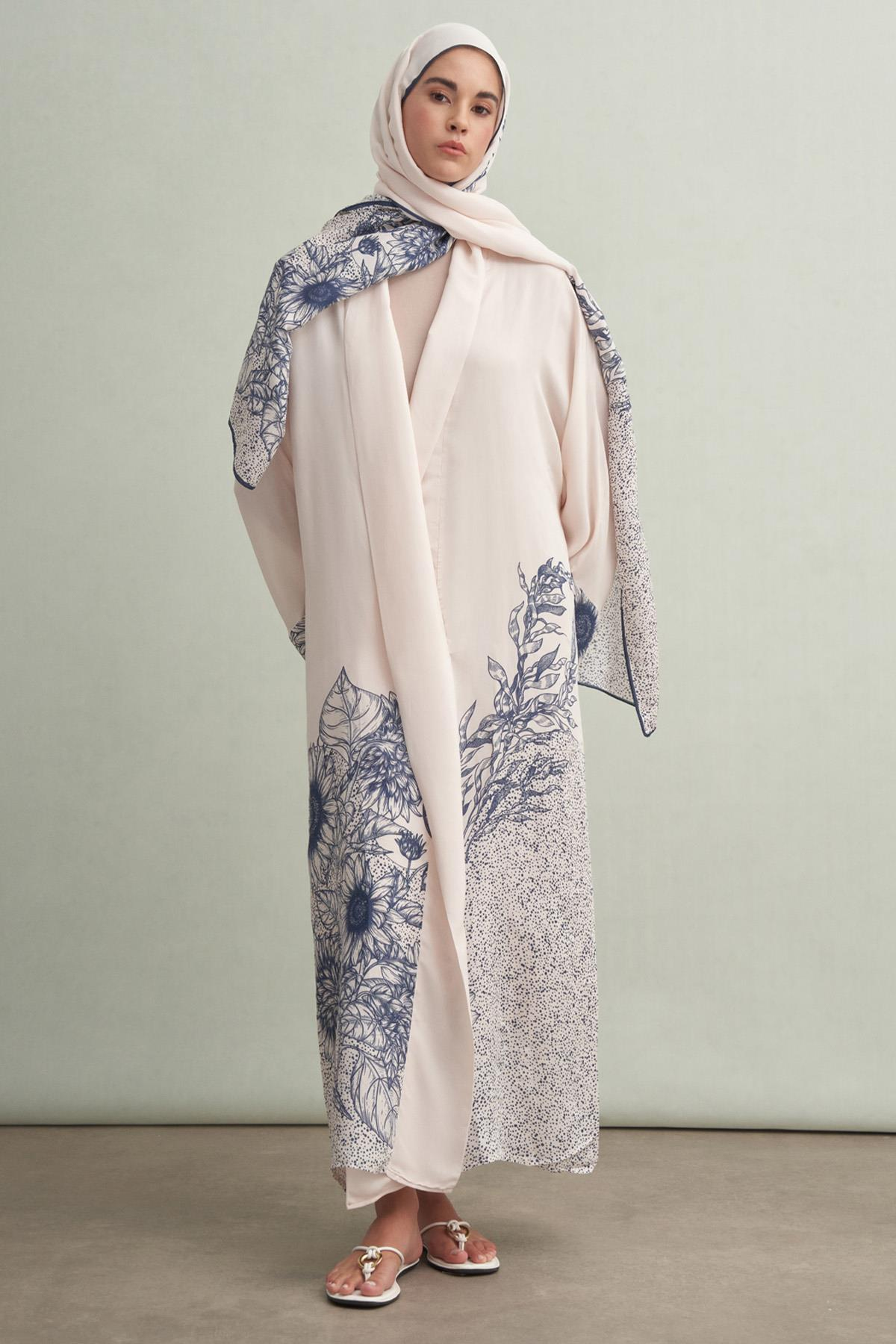 Navy Floş Abaya Krem